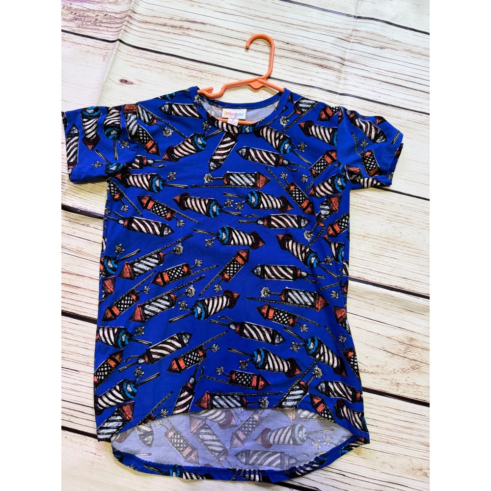 LuLaRoe Kids Size 8 Blue Firework Rocket Print High Low Short Sleeve Shirt Top